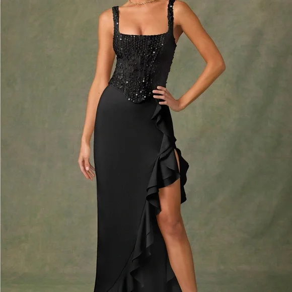 green emerald velvet dress Florentina Embellished Corset Gown in Black main image 0